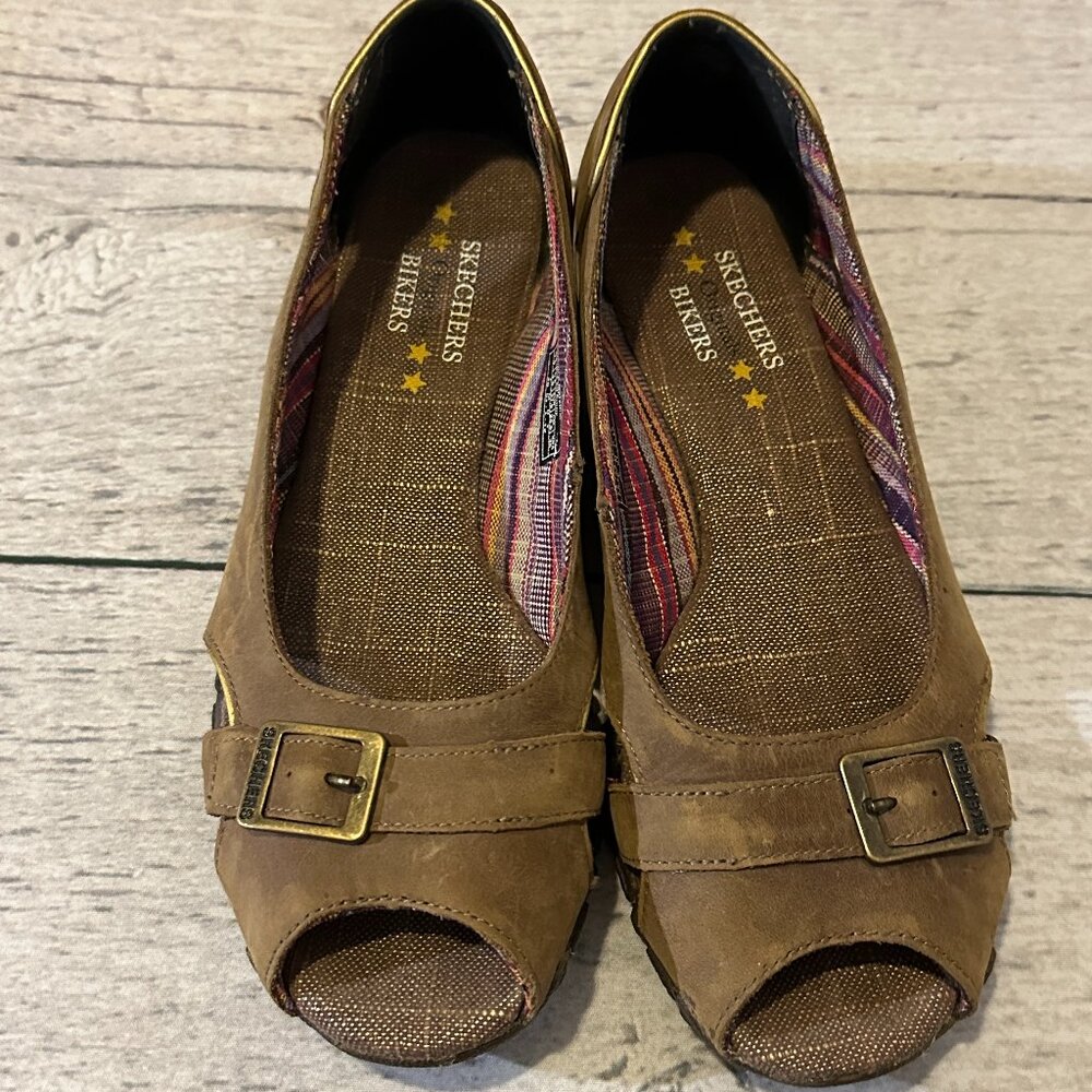 Sketchers Bikers - Brown Leather Peep toe sandals - Size 7.5